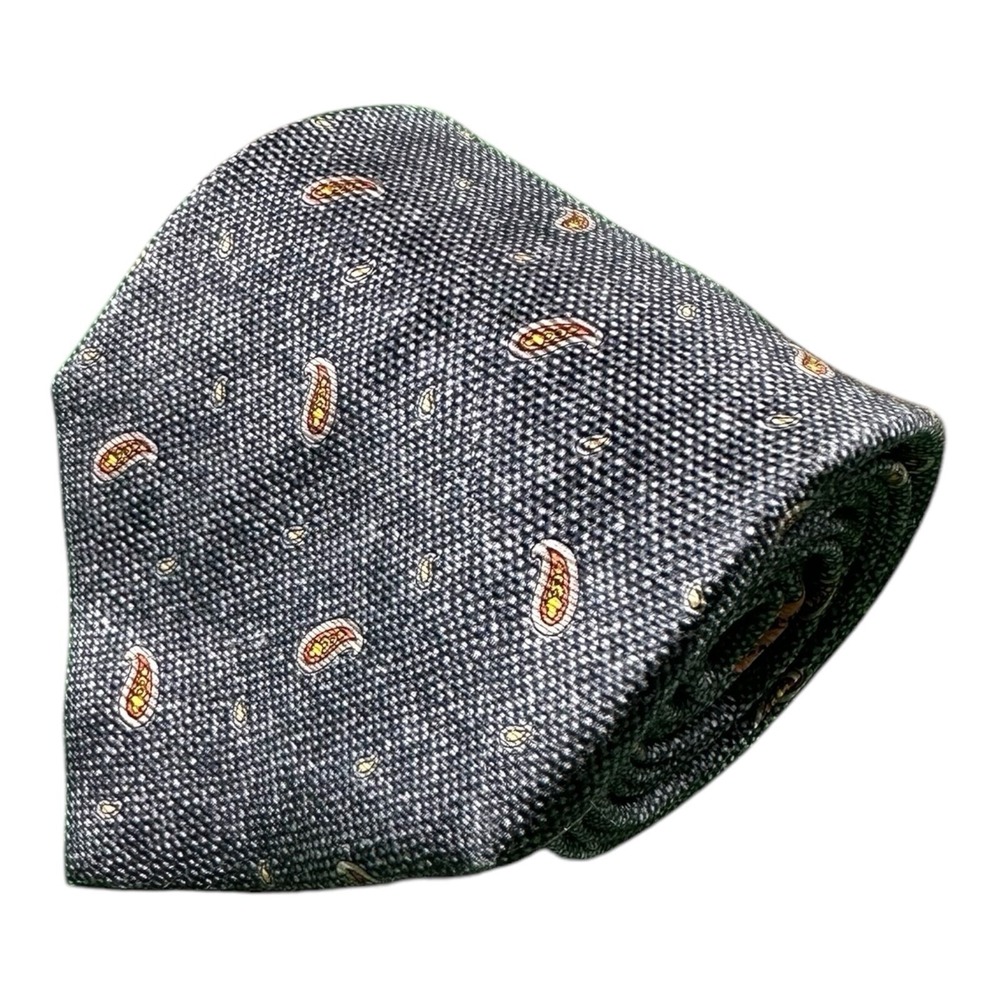 Ermenegildo Zegna Blue Gray Birdseye Orange Paisley Print Silk Tie 3.75 inch
